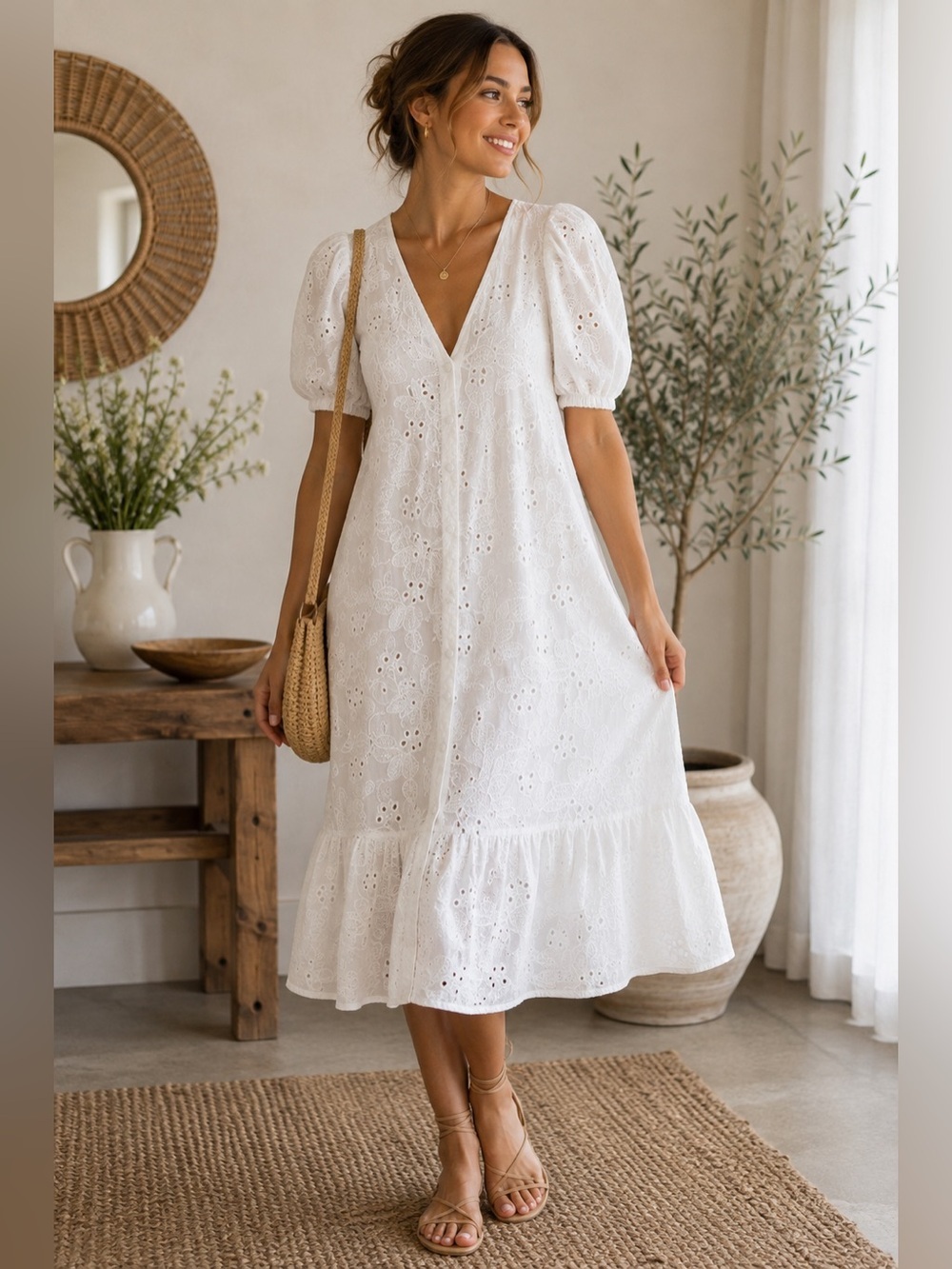 Zara White Eyelet VβNeck Midi Dress with Puff Sleeves Size XS Boho Coastal